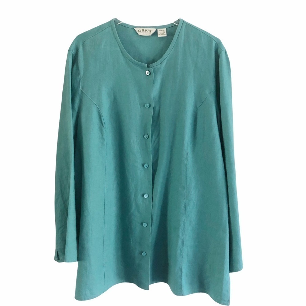 Orvis 100% Linen Teal Lagenlook Blouse Large - Picture 1 of 9